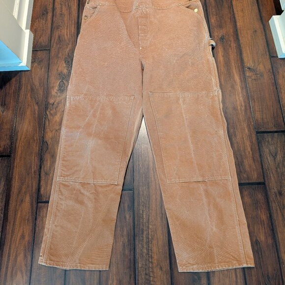 Carhartt Overall Bibs Mens 46x34 Brown Double Knee Workwear Canvas Vintage XL - Picture 6 of 12